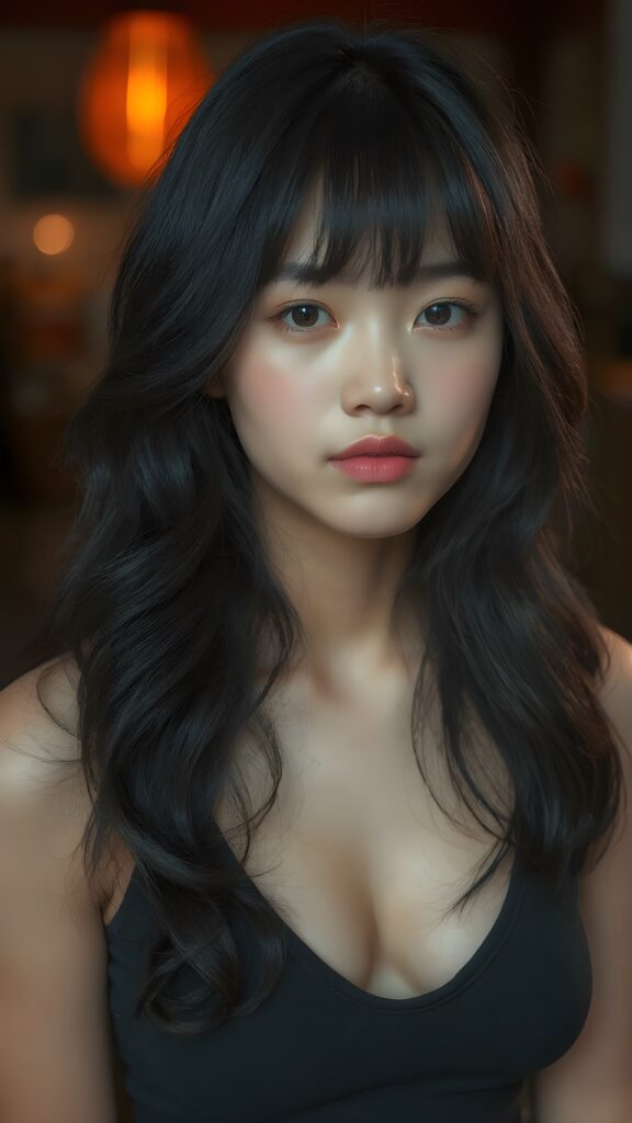 a beautifully captured (((super realistic full body photo))), featuring a (((young Chinese teen girl, black long wavy hair))) with hyper-realistic detailed skin textures and glossy lipstick-adorned lips, dressed in a (short tight cropped tank top with a low v-neck that perfectly complements her toned physique. Her striking ((bangs)) are artfully cut to frame her face perfectly, captured in a (professional studio photo shoot)