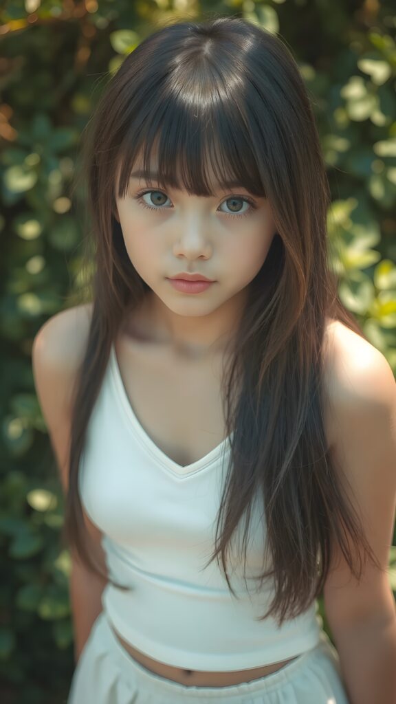 a beautifully captured (((super realistic full body photo))), featuring a (((young cute teen girl, soft straight jet long hair))), dressed in a (short tight white cropped tank top with a low v-neck, round short mini skirt) that perfectly complements her toned physique. Her striking ((bangs)) are artfully cut to frame her face perfectly, against a sunny green backdrop