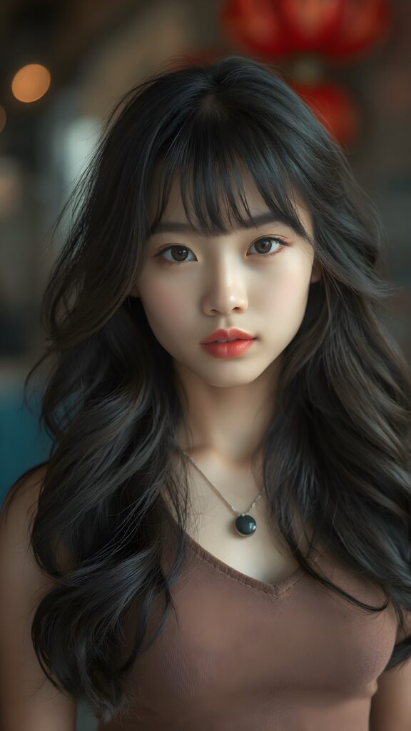 a beautifully captured (((super realistic full body photo))), featuring a (((young Chinese teen girl, black long wavy hair))) with hyper-realistic detailed skin textures and glossy lipstick-adorned lips, dressed in a (short tight cropped tank top with a low v-neck that perfectly complements her toned physique. Her striking ((bangs)) are artfully cut to frame her face perfectly, captured in a (professional studio photo shoot)