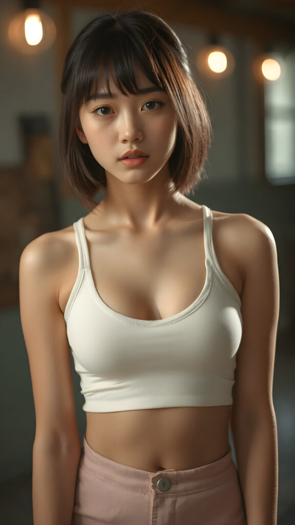 a beautifully captured (((super realistic full body photo))), featuring a (((young Asian teen girl))) with hyper-realistic detailed skin textures and glossy lipstick-adorned lips, dressed in a (short tight white cropped tank top with a low v-neck, round short mini skirt) that perfectly complements her toned physique. Her striking ((bangs)) are artfully cut to frame her face perfectly, captured in a (professional studio photo shoot)