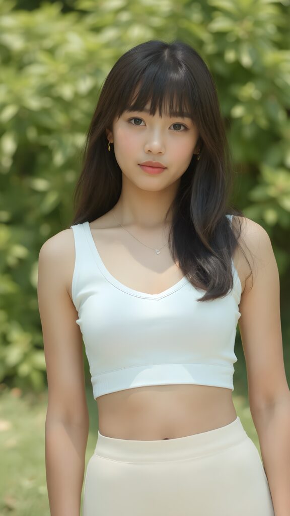 a beautifully captured (((super realistic full body photo))), featuring a (((young Indonesian teen girl))), dressed in a (short tight white cropped tank top with a low v-neck, round short mini skirt) that perfectly complements her toned physique. Her striking ((bangs)) are artfully cut to frame her face perfectly, against a sunny green backdrop