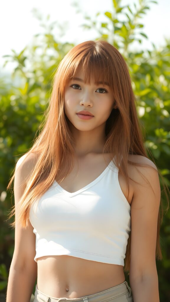 a beautifully captured (((super realistic 1:3 portrait photo))), featuring a (((young Filipino teen girl))), dressed in a (short tight white cropped tank top with a low v-neck) that perfectly complements her toned physique. She has long, straight red hair, her striking ((bangs)) are artfully cut to frame her face perfectly, against a sunny green backdrop