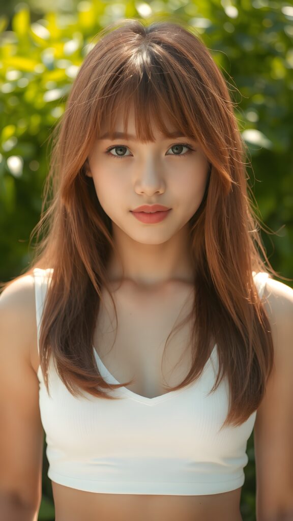 a beautifully captured (((super realistic 1:3 portrait photo))), featuring a (((young Filipino teen girl))), dressed in a (short tight white cropped tank top with a low v-neck) that perfectly complements her toned physique. She has long, straight red hair, her striking ((bangs)) are artfully cut to frame her face perfectly, against a sunny green backdrop