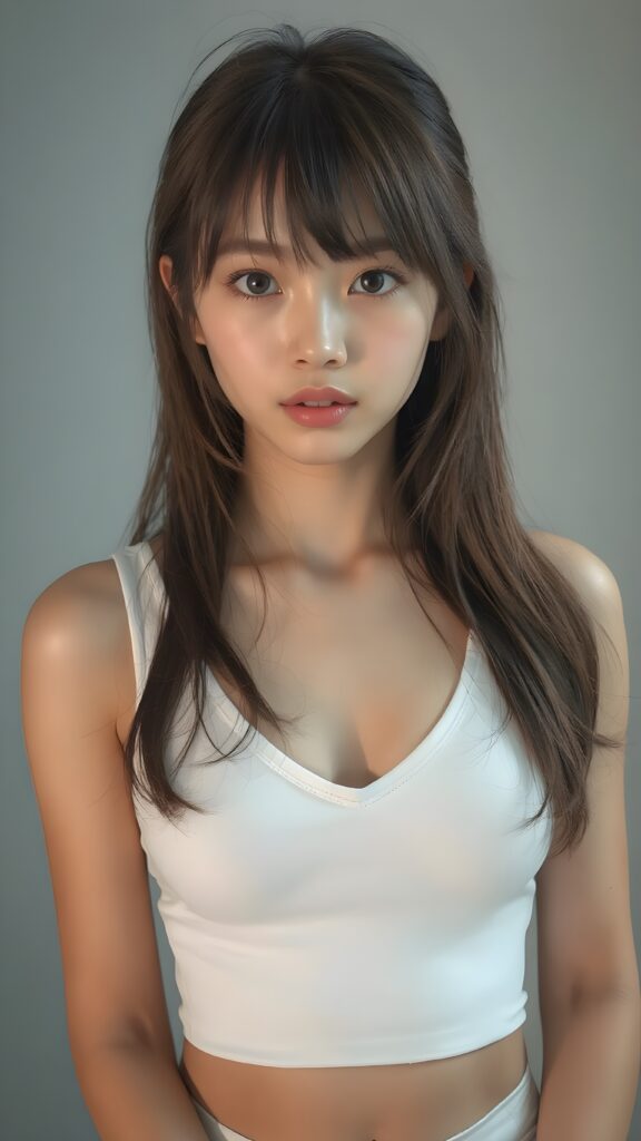 a beautifully captured (((super realistic full body photo))), featuring a (((young Japanese teen girl))) with hyper-realistic detailed skin textures and glossy lipstick-adorned lips, dressed in a (short tight white cropped tank top with a low v-neck, round short mini skirt) that perfectly complements her toned physique. Her striking ((bangs)) are artfully cut to frame her face perfectly, captured in a (professional studio photo shoot)