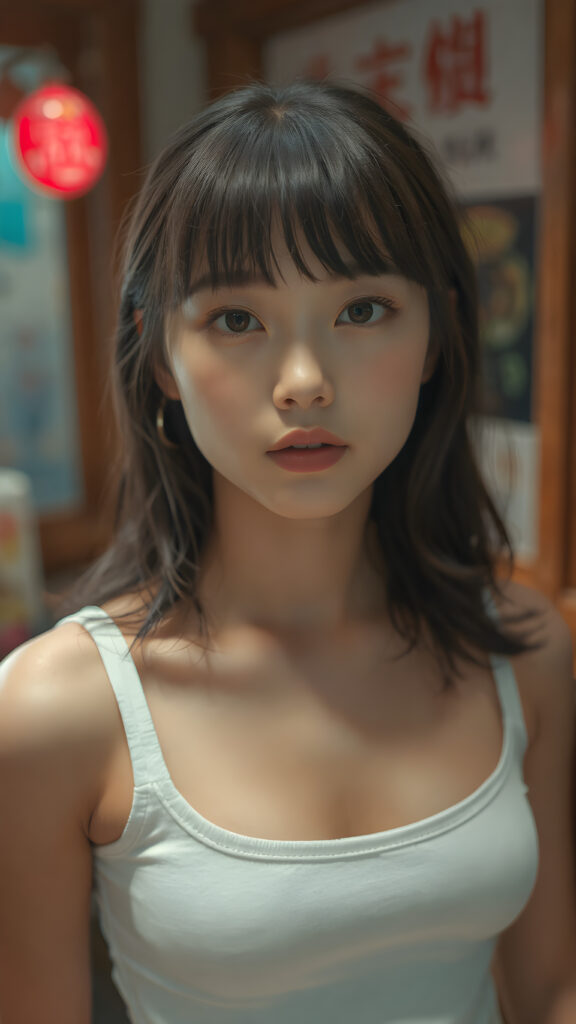 a beautifully captured (((super realistic full body photo))), featuring a (((young Japanese teen girl))) with hyper-realistic detailed skin textures and glossy lipstick-adorned lips, dressed in a (short tight white cropped tank top with a low v-neck, round short mini skirt) that perfectly complements her toned physique. Her striking ((bangs)) are artfully cut to frame her face perfectly, captured in a (professional studio photo shoot)