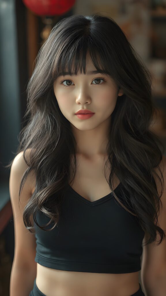 a beautifully captured (((super realistic full body photo))), featuring a (((young Chinese teen girl, black long wavy hair))) with hyper-realistic detailed skin textures and glossy lipstick-adorned lips, dressed in a (short tight cropped tank top with a low v-neck that perfectly complements her toned physique. Her striking ((bangs)) are artfully cut to frame her face perfectly, captured in a (professional studio photo shoot)