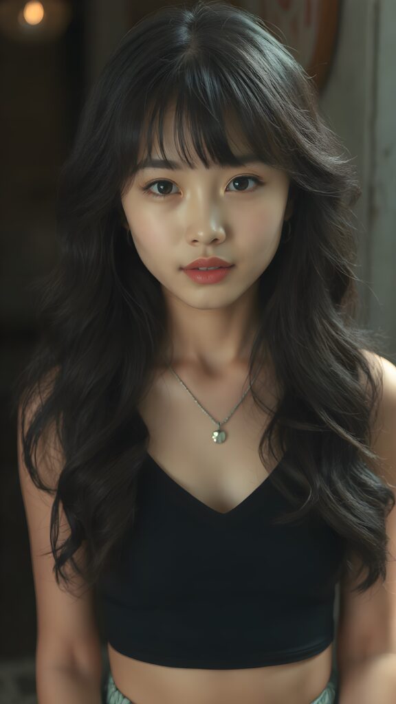 a beautifully captured (((super realistic full body photo))), featuring a (((young Chinese teen girl, black long wavy hair))) with hyper-realistic detailed skin textures and glossy lipstick-adorned lips, dressed in a (short tight cropped tank top with a low v-neck that perfectly complements her toned physique. Her striking ((bangs)) are artfully cut to frame her face perfectly, captured in a (professional studio photo shoot)