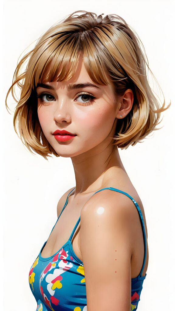 a beautifully drawn (((pop art young teen girl))) with straight soft hair styled in a (short bob cut) and face framed by a short, bang-like fringe, kissable lips and a perfect curved body (in a short thin crop top) representing a cool and trendy silhouette on a (simple white background) presented in a side view