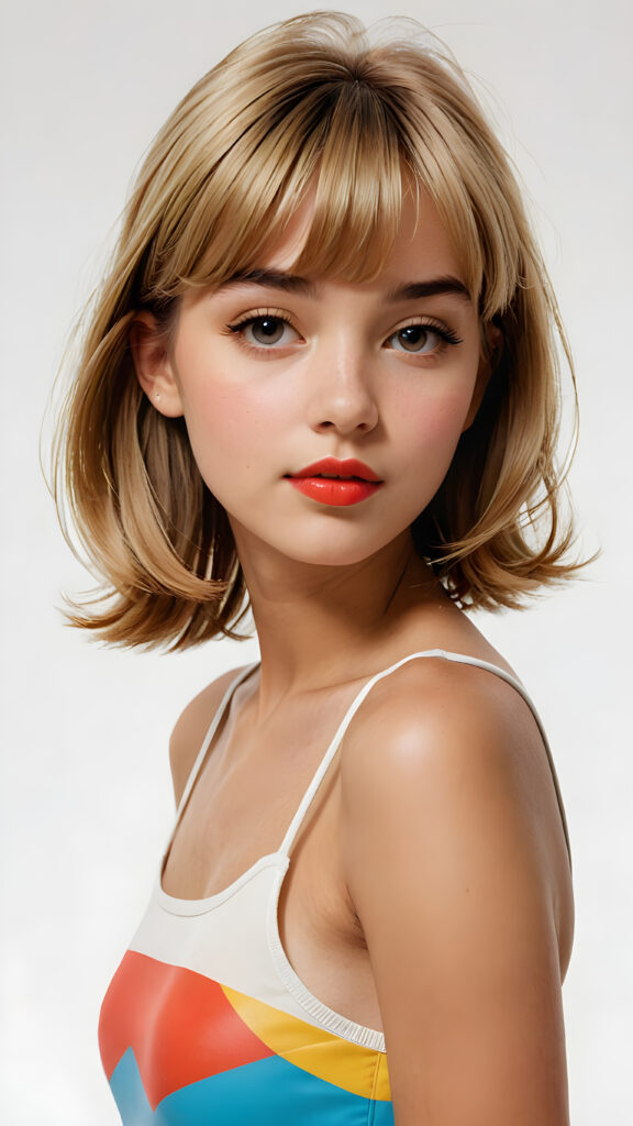 a beautifully drawn (((pop art young teen girl))) with straight soft hair styled in a (short bob cut) and face framed by a short, bang-like fringe, kissable lips and a perfect curved body (in a short thin crop top) representing a cool and trendy silhouette on a (simple white background) presented in a side view