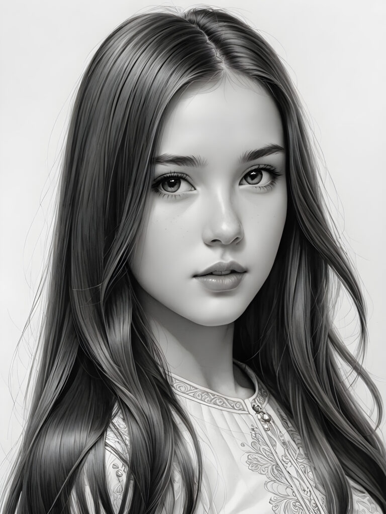 a beautifully drawn (((teen girl))) in a classic, traditional style, with long, flowing (((straight hair))), intricate details like delicate facial features and full, rosy lips