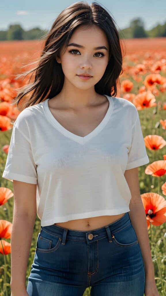 a beautifully drawn (((full body photo))), capturing a young ((teen girl)) with an realistic looking (((black thick, straight soft hair))), (realistic looking eyes) that convey a sense of warmth and vitality, dressed in a soft, ((cropped t-shirt, deep v-neck and open front)), ((short jeans pants)) that complements her natural-toned figure, embodying a youthful, innocent yet (mature) beauty that exudes confidence and allure. ((she stands in a sunny poppy field))