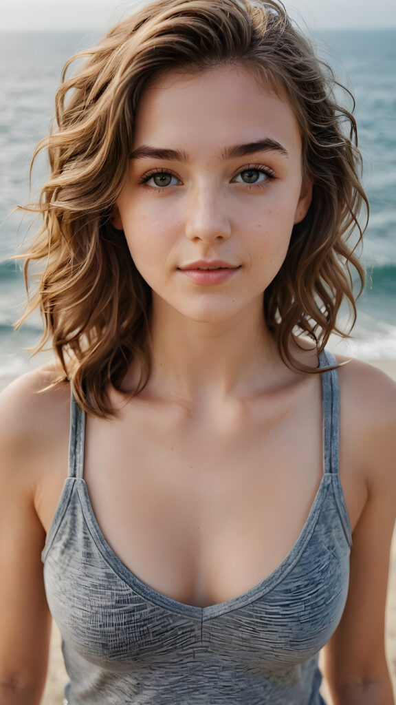 a beautifully drawn (((masterpiece portrait))) featuring a teen girl with soft, wavy hair and a grey, short cropped tank top and deep v-neck, with a perfectly curved body, view from above