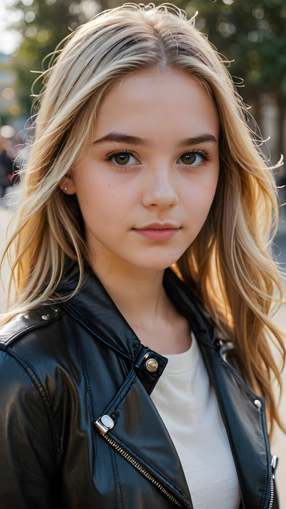 a beautifully drawn (((close-up portrait))), capturing a (((cute 16-year-old girl))) with long, straight soft blonde hair, defined brows, and dark brown eyes, dressed in a sleek, black leather jacket, exuding an air of sophistication