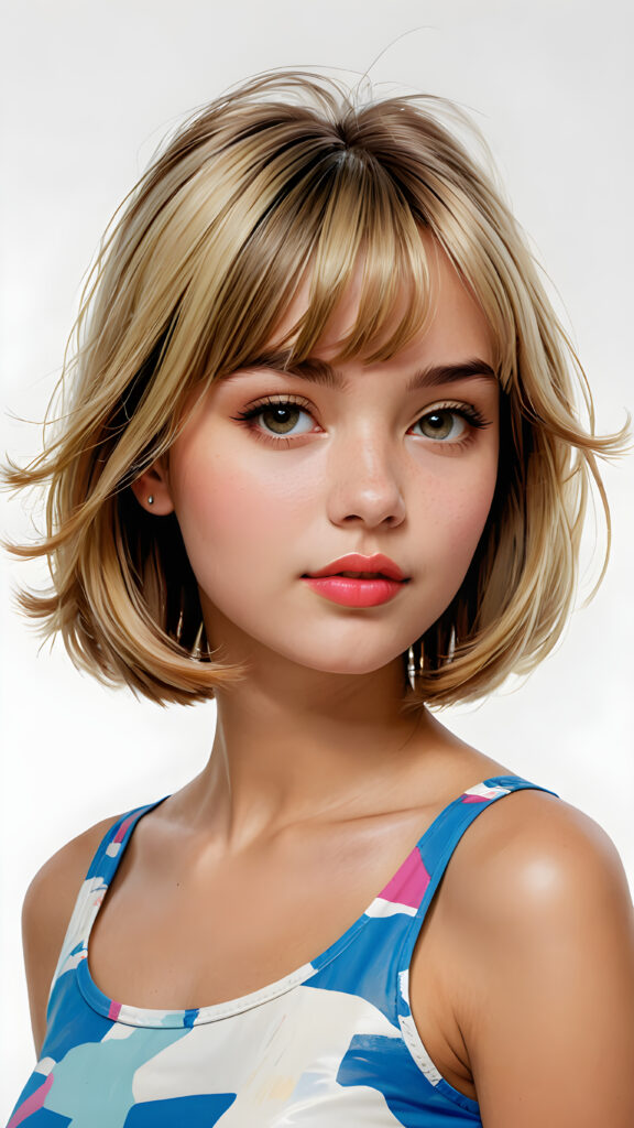 a beautifully drawn (((pop art young teen girl))) with straight soft hair styled in a (short bob cut) and face framed by a short, bang-like fringe, kissable lips and a perfect curved body (in a short thin crop top) representing a cool and trendy silhouette on a (simple white background) presented in a side view