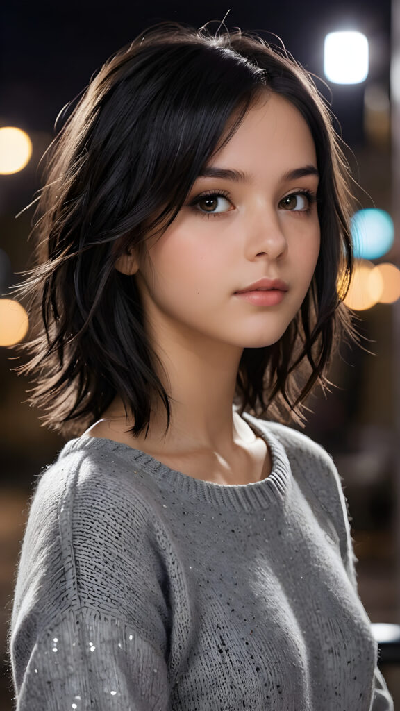 a beautifully drawn (((side profile image))) of a (((young, emo girl))) with flowing, shiny, shoulder-length black hair that frames her face gently. Her amber eyes sparkle in the light, and her complexion is a mix of light and dark browns, with a radiant glow. She is 15 years old, wearing a thin (((gray wool sweater))), which falls elegantly down her slender frame, accentuating every curve. Her expression is one of alluring seduction, as if beckoning the viewer to appreciate the intricate details of her appearance against a (softly detailed nighttime backdrop)