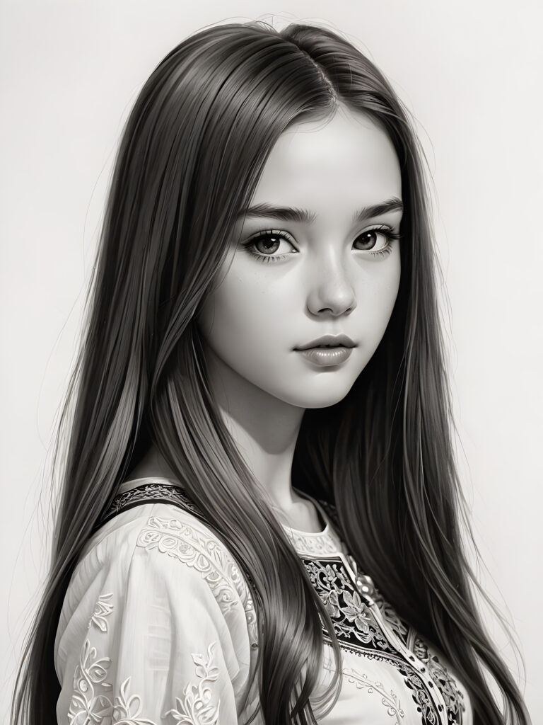 a beautifully drawn (((teen girl))) in a classic, traditional style, with long, flowing (((straight hair))), intricate details like delicate facial features and full, rosy lips