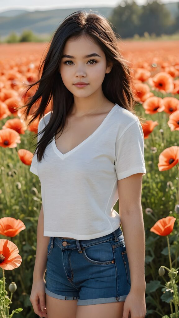 a beautifully drawn (((full body photo))), capturing a young ((teen girl)) with an realistic looking (((black thick, straight soft hair))), (realistic looking eyes) that convey a sense of warmth and vitality, dressed in a soft, ((cropped t-shirt, deep v-neck and open front)), ((short jeans pants)) that complements her natural-toned figure, embodying a youthful, innocent yet (mature) beauty that exudes confidence and allure. ((she stands in a sunny poppy field))