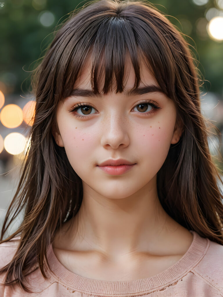 a beautifully drawn (((teen girl with bangs))), whose hair gracefully falls just past her shoulder, showcasing a (((distinctive mole))) on her left cheek