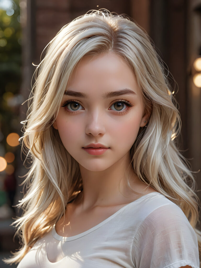 a beautifully drawn (((detailed and super realistic))), advanced digital illustration of a 17-year-old girl with long, flowing platinum hair that cascades down her face and forehead, framing a captivating gaze that draws the viewer in. Her form is expertly drawn, with a thin, cropped white t-shirt molded to her figure, highlighting every curve and angle