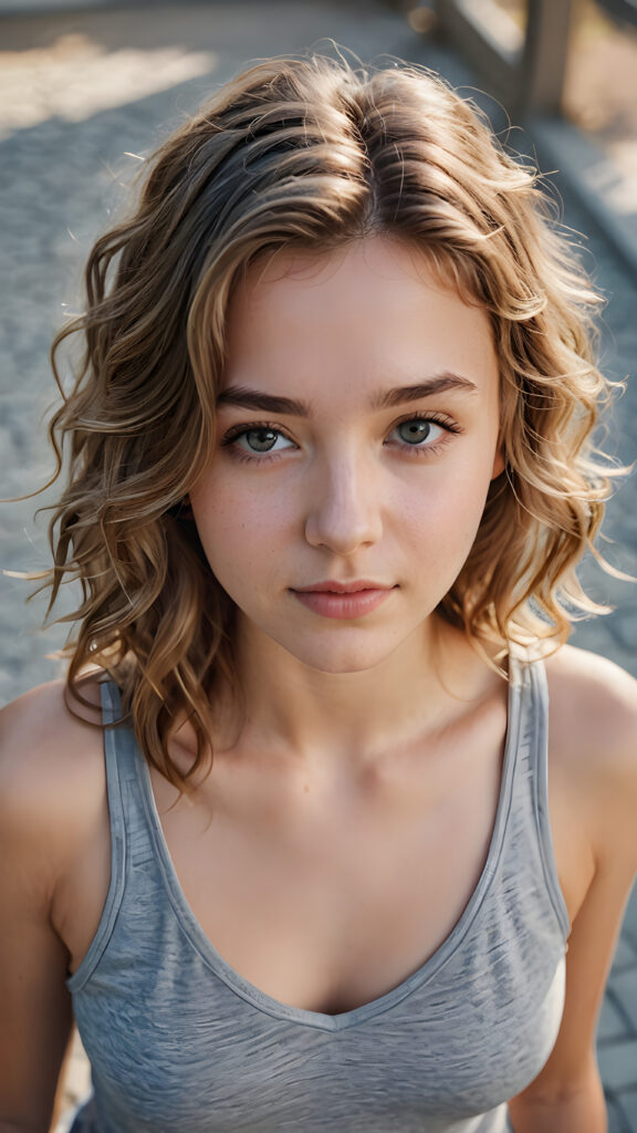 a beautifully drawn (((masterpiece portrait))) featuring a teen girl with soft, wavy hair and a grey, short cropped tank top and deep v-neck, with a perfectly curved body, view from above