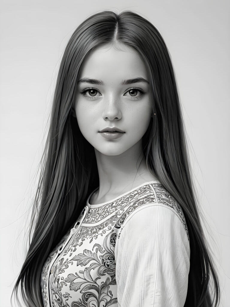 a beautifully drawn (((teen girl))) in a classic, traditional style, with long, flowing (((straight hair))), intricate details like delicate facial features and full, rosy lips