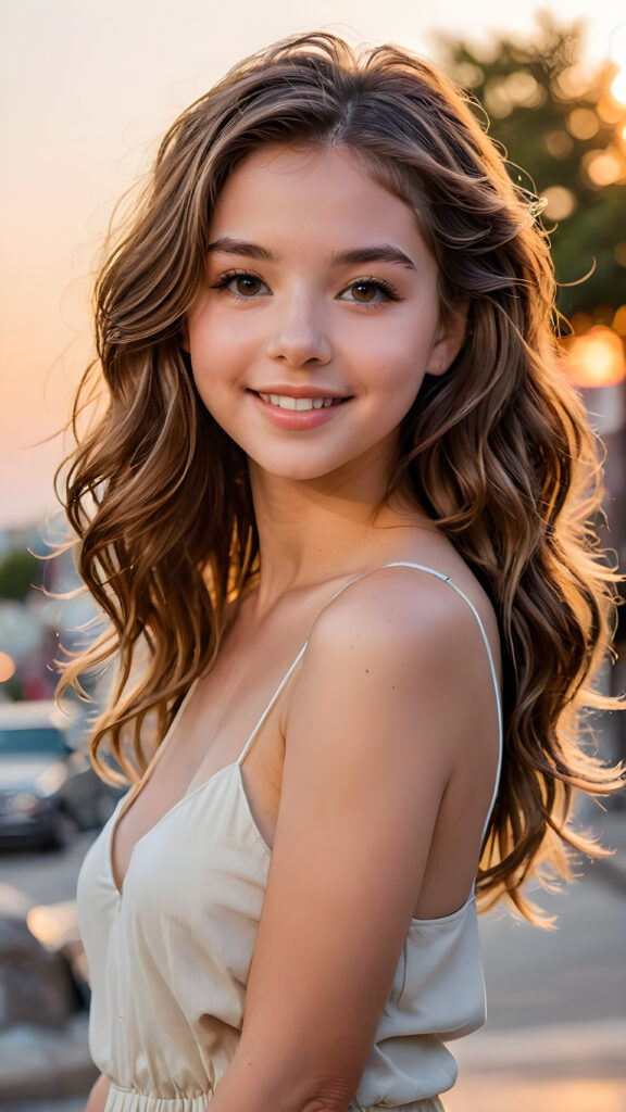 a beautifully drawn (((face of a young cute happy teen girl))) that exudes joy and happiness, ((brown wavy long soft hair) with its features subtly outlined by the (((sharp focus on her face))), and a soft, dreamlike glow that gives off a sense of pure cuteness. She is dressed in a (((low-cut tube top))), accentuating her figure and framing her face in a (((full-body portrait))), set against a backdrop of a vibrant sunset scene