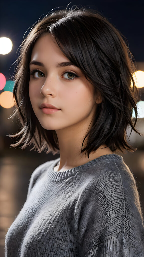 a beautifully drawn (((side profile image))) of a (((young, emo girl))) with flowing, shiny, shoulder-length black hair that frames her face gently. Her amber eyes sparkle in the light, and her complexion is a mix of light and dark browns, with a radiant glow. She is 15 years old, wearing a thin (((gray wool sweater))), which falls elegantly down her slender frame, accentuating every curve. Her expression is one of alluring seduction, as if beckoning the viewer to appreciate the intricate details of her appearance against a (softly detailed nighttime backdrop)