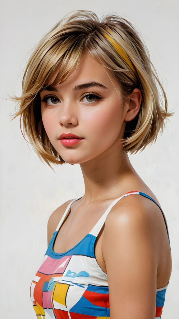 a beautifully drawn (((pop art young teen girl))) with straight soft hair styled in a (short bob cut) and face framed by a short, bang-like fringe, kissable lips and a perfect curved body (in a short thin crop top) representing a cool and trendy silhouette on a (simple white background) presented in a side view