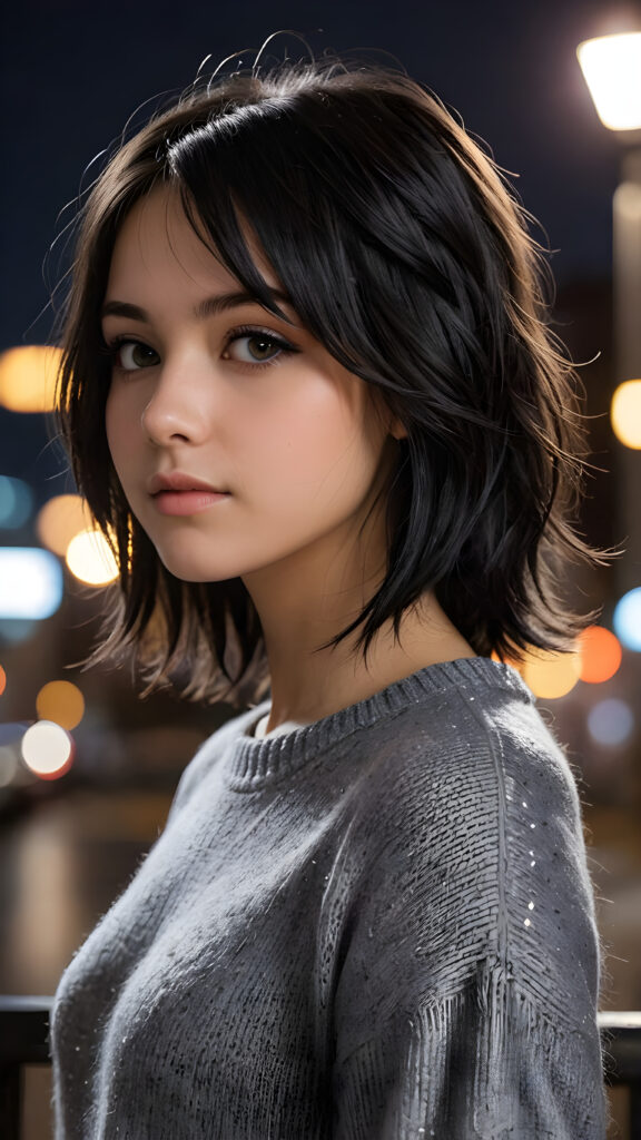 a beautifully drawn (((side profile image))) of a (((young, emo girl))) with flowing, shiny, shoulder-length black hair that frames her face gently. Her amber eyes sparkle in the light, and her complexion is a mix of light and dark browns, with a radiant glow. She is 15 years old, wearing a thin (((gray wool sweater))), which falls elegantly down her slender frame, accentuating every curve. Her expression is one of alluring seduction, as if beckoning the viewer to appreciate the intricate details of her appearance against a (softly detailed nighttime backdrop)