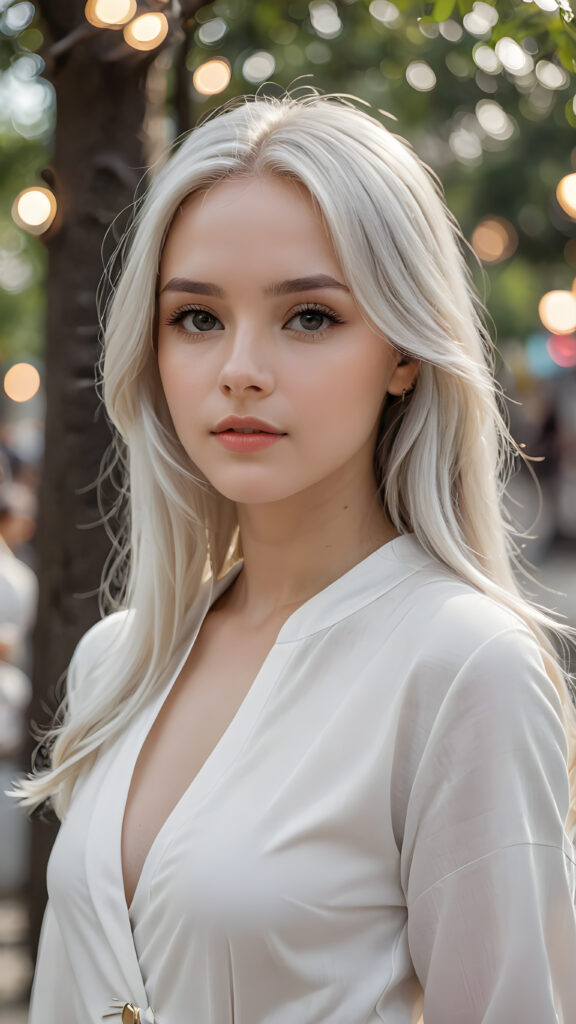 a beautifully drawn (((silver-skinned girl))) with flowing, (((straight platinum hair))), dressed in a timelessly classic style in (((white clothes)))