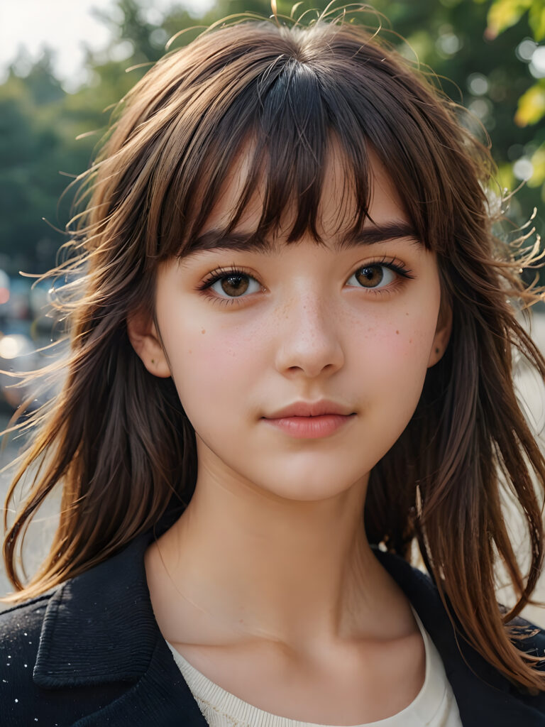 a beautifully drawn (((teen girl with bangs))), whose hair gracefully falls just past her shoulder, showcasing a (((distinctive mole))) on her left cheek