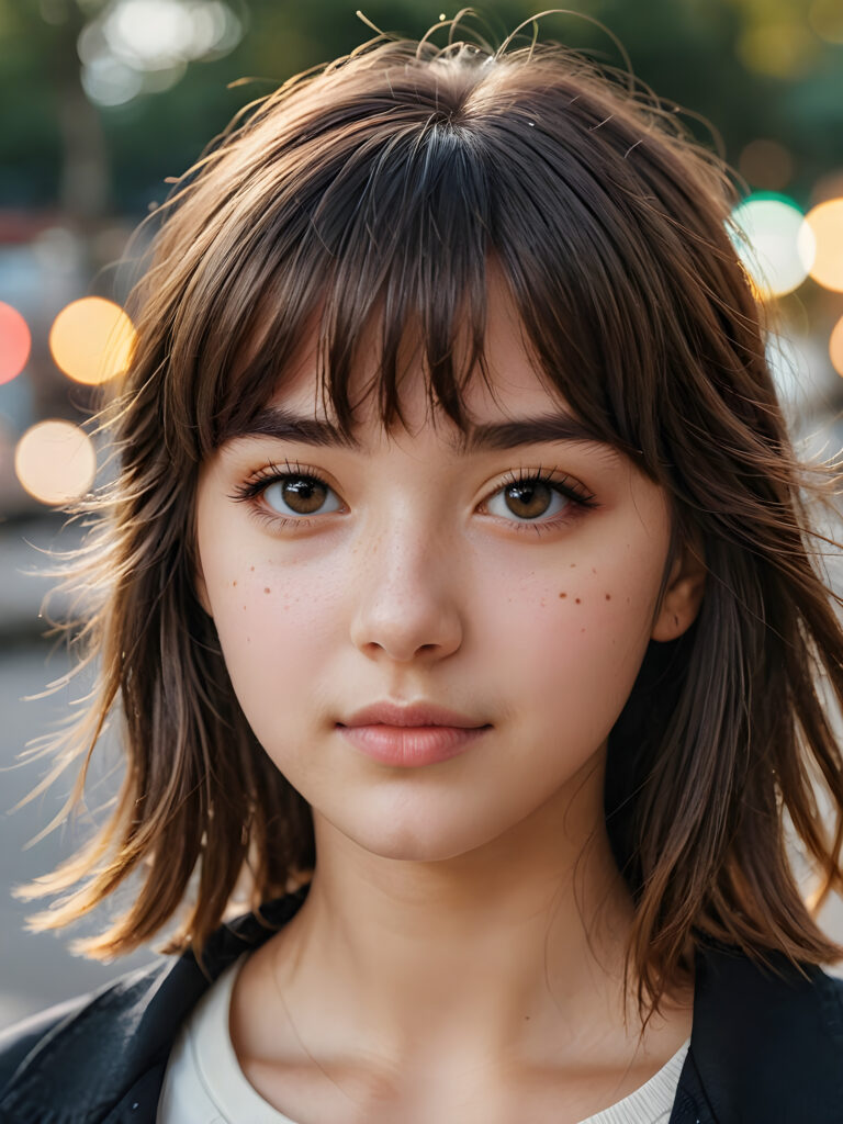 a beautifully drawn (((teen girl with bangs))), whose hair gracefully falls just past her shoulder, showcasing a (((distinctive mole))) on her left cheek