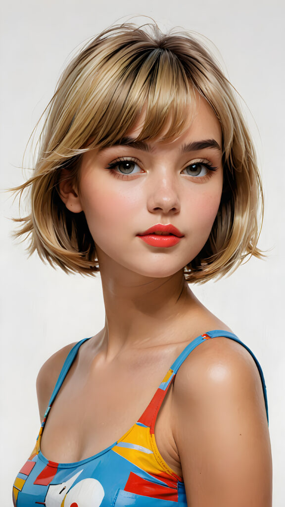 a beautifully drawn (((pop art young teen girl))) with straight soft hair styled in a (short bob cut) and face framed by a short, bang-like fringe, kissable lips and a perfect curved body (in a short thin crop top) representing a cool and trendy silhouette on a (simple white background) presented in a side view