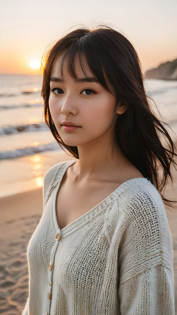 a beautifully drawn (((photo))), capturing a thoughtful (teen girl with soft, straight black shoulder-length hair framing her face in gentle bangs) on a tranquil, lonely beach at dawn, where the rising sun casts a warm glow around her. She wears a luxuriously soft, slightly see-through, chunky wool sweater in a timeless, bohemian style that complements her flawless, curvy figure