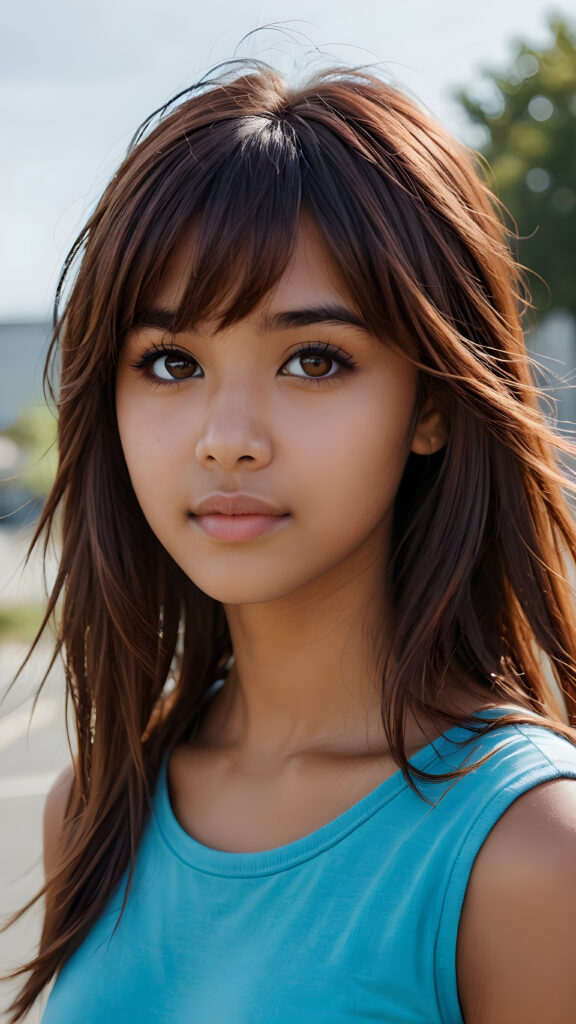 a beautifully drawn (((brown-skinned teen emo girl))) with flowing, softly waving (straight hair) framing her face in side bangs and highlighted by a contrasting light blue complexion, expressing a poignant feeling of melancholy and emotional detachment, set against a softly grey (backdrop)