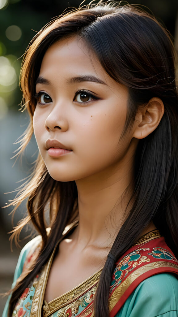 a beautifully drawn (((Burmese girl))) aged 15 with long, straight, hazelnut hair framing a (((flawlessly detailed face))), intricate features like (((round dark eyes))), cut bangs, and a softly downturned mouth, captured in a (((side profile, advanced anatomy))), her expression suggesting a sense of melancholy