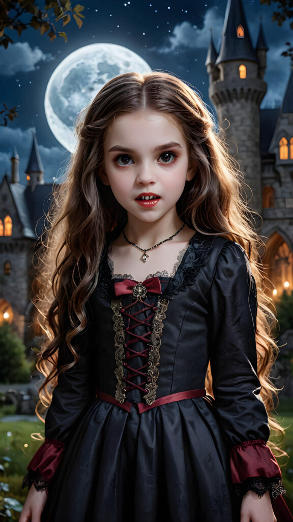 a beautifully drawn (((vividly detailed painting))), featuring a (((young vampire girl))) with flowing locks and intricate fangs, set against a (gothic backdrop of castles and moonlit forests)