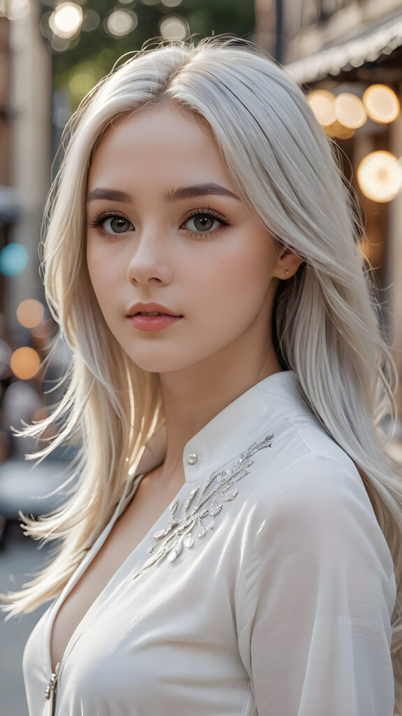 a beautifully drawn (((silver-skinned girl))) with flowing, (((straight platinum hair))), dressed in a timelessly classic style in (((white clothes)))