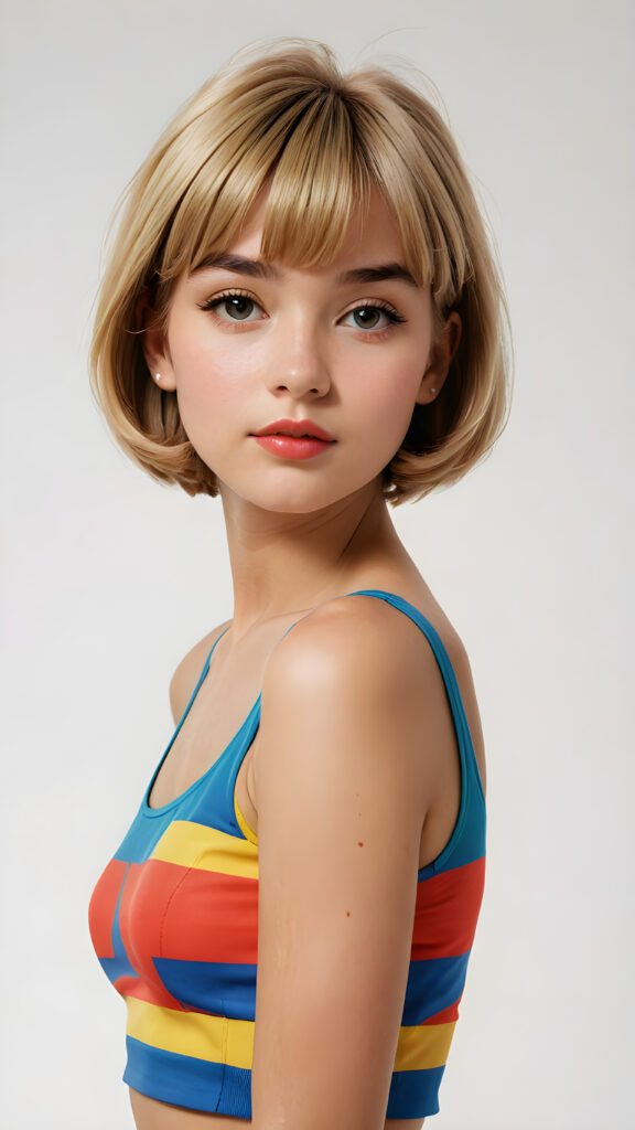 a beautifully drawn (((pop art young teen girl))) with straight soft hair styled in a (short bob cut) and face framed by a short, bang-like fringe, kissable lips and a perfect curved body (in a short thin crop top) representing a cool and trendy silhouette on a (simple white background) presented in a side view