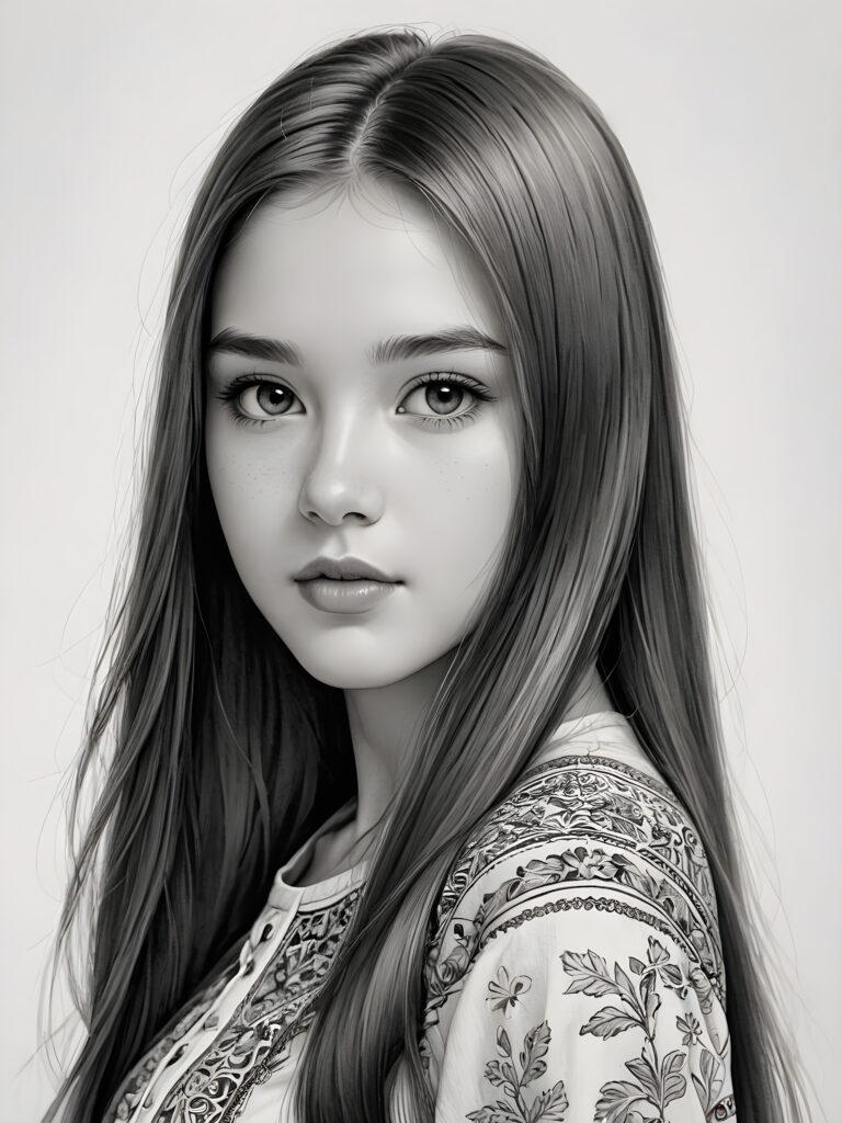 a beautifully drawn (((teen girl))) in a classic, traditional style, with long, flowing (((straight hair))), intricate details like delicate facial features and full, rosy lips