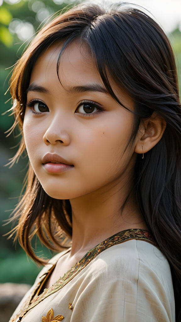 a beautifully drawn (((Burmese girl))) aged 15 with long, straight, hazelnut hair framing a (((flawlessly detailed face))), intricate features like (((round dark eyes))), cut bangs, and a softly downturned mouth, captured in a (((side profile, advanced anatomy))), her expression suggesting a sense of melancholy