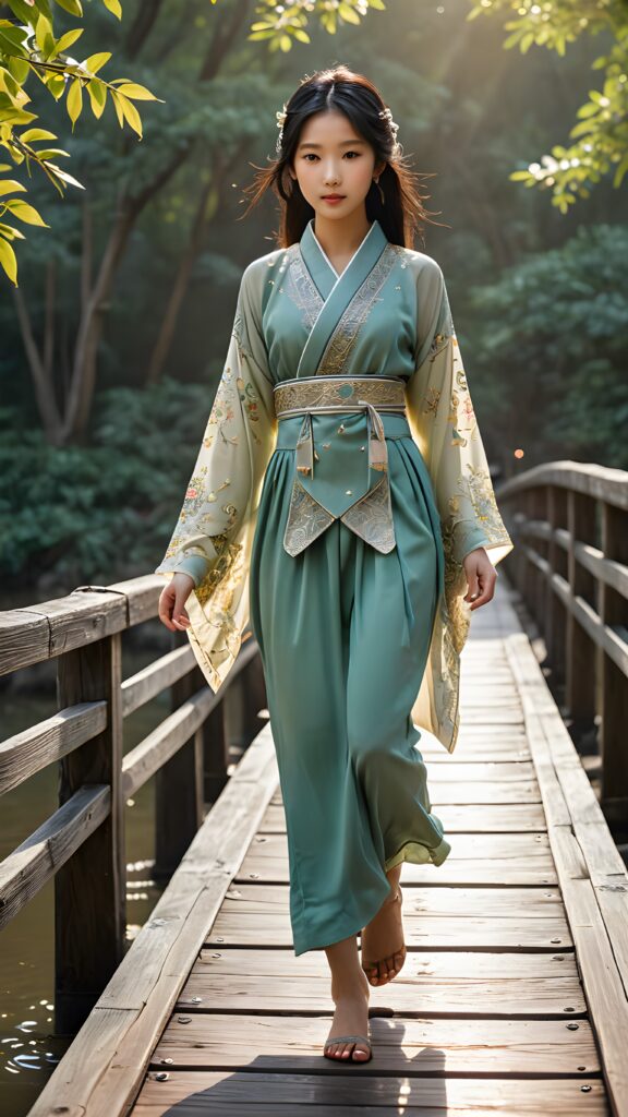 a beautifully drawn (((Asian teen girl))) with flowing, black hair, intricate details and ornate patterns, poised confidently as she gracefully steps across a (((traditional Korean wooden bridge))), captured from an (((oblique angle))), where the scene is infused with a (((softly glowing backdrop))), evoking the timeless elegance of the Victorian era, interwoven with the ethereal softness of (((twinkling fireflies))) that softly dance above, complementing the serene atmosphere that surrounds this exquisite figure