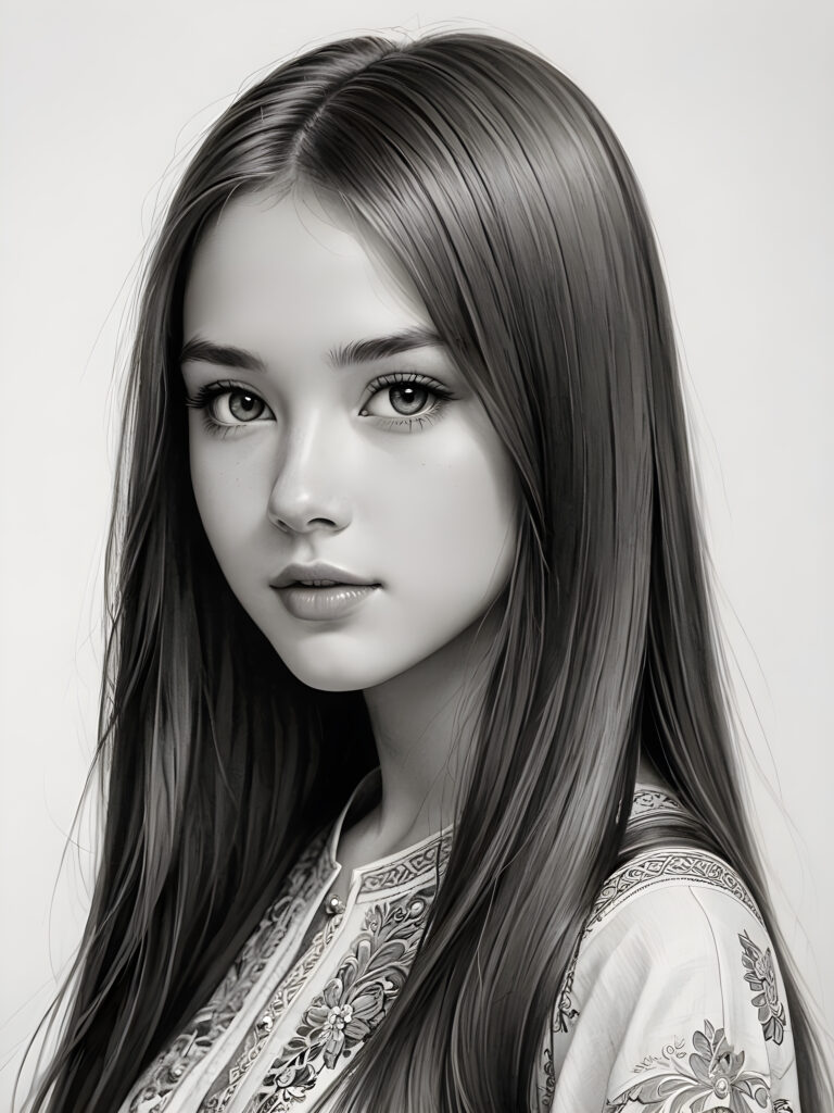 a beautifully drawn (((teen girl))) in a classic, traditional style, with long, flowing (((straight hair))), intricate details like delicate facial features and full, rosy lips