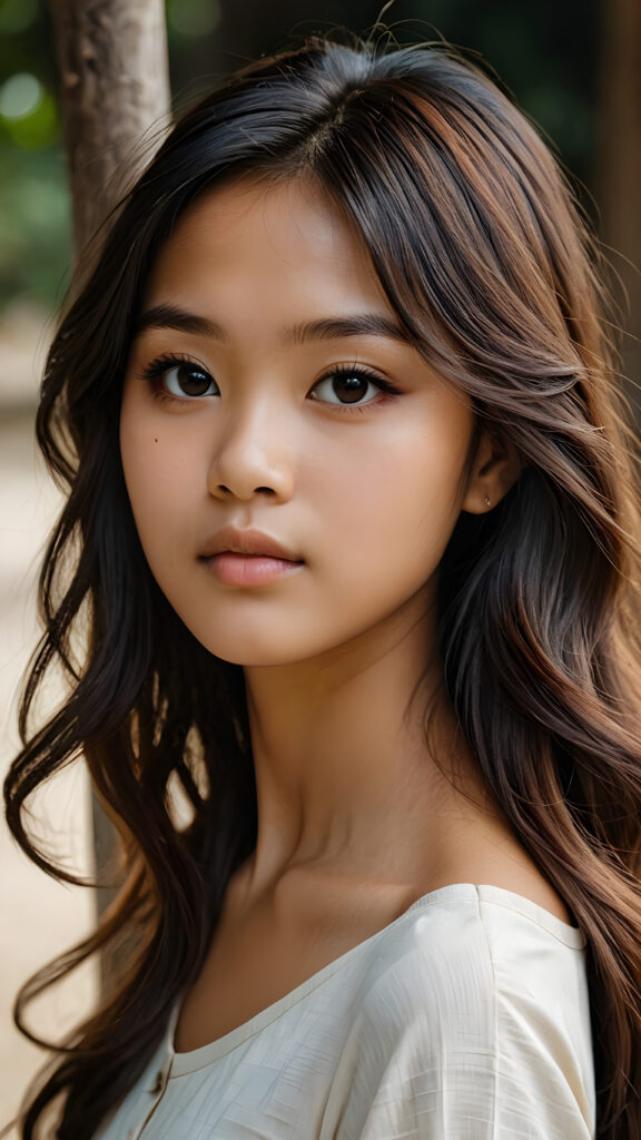 a beautifully drawn (((Burmese girl))) aged 15 with long, straight, hazelnut hair framing a (((flawlessly detailed face))), intricate features like (((round dark eyes))), cut bangs, and a softly downturned mouth, captured in a (((side profile, advanced anatomy))), her expression suggesting a sense of melancholy