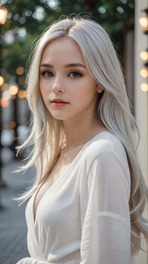 a beautifully drawn (((silver-skinned girl))) with flowing, (((straight platinum hair))), dressed in a timelessly classic style in (((white clothes)))