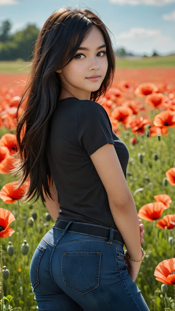 a beautifully drawn (((full body photo))), capturing a young ((teen girl)) with an realistic looking (((black thick, straight soft hair))), (realistic looking eyes) that convey a sense of warmth and vitality, dressed in a soft, ((black t-sirt)), ((short jeans pants)) that complements her natural-toned figure, embodying a youthful, innocent yet (mature) beauty that exudes confidence and allure. ((she stands in a sunny poppy field))