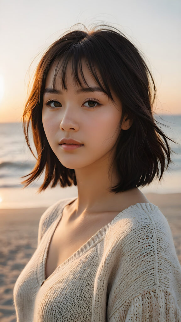 a beautifully drawn (((photo))), capturing a thoughtful (teen girl with soft, straight black shoulder-length hair framing her face in gentle bangs) on a tranquil, lonely beach at dawn, where the rising sun casts a warm glow around her. She wears a luxuriously soft, slightly see-through, chunky wool sweater in a timeless, bohemian style that complements her flawless, curvy figure