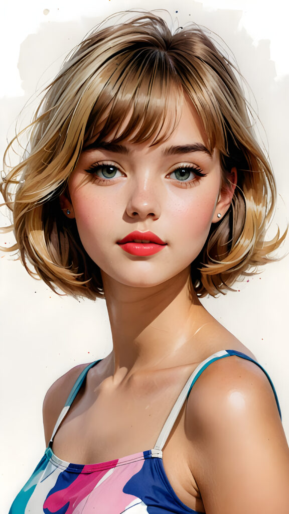 a beautifully drawn (((pop art young teen girl))) with straight soft hair styled in a (short bob cut) and face framed by a short, bang-like fringe, kissable lips and a perfect curved body (in a short thin crop top) representing a cool and trendy silhouette on a (simple white background) presented in a side view