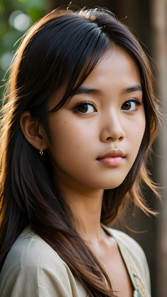 a beautifully drawn (((Burmese girl))) aged 15 with long, straight, hazelnut hair framing a (((flawlessly detailed face))), intricate features like (((round dark eyes))), cut bangs, and a softly downturned mouth, captured in a (((side profile, advanced anatomy))), her expression suggesting a sense of melancholy