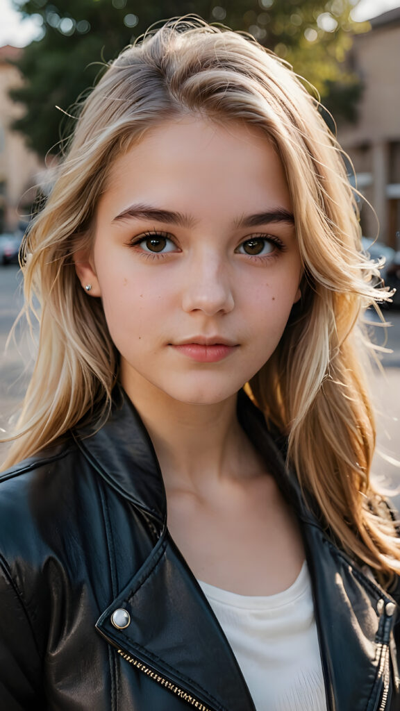 a beautifully drawn (((close-up portrait))), capturing a (((cute 16-year-old girl))) with long, straight soft blonde hair, defined brows, and dark brown eyes, dressed in a sleek, black leather jacket, exuding an air of sophistication